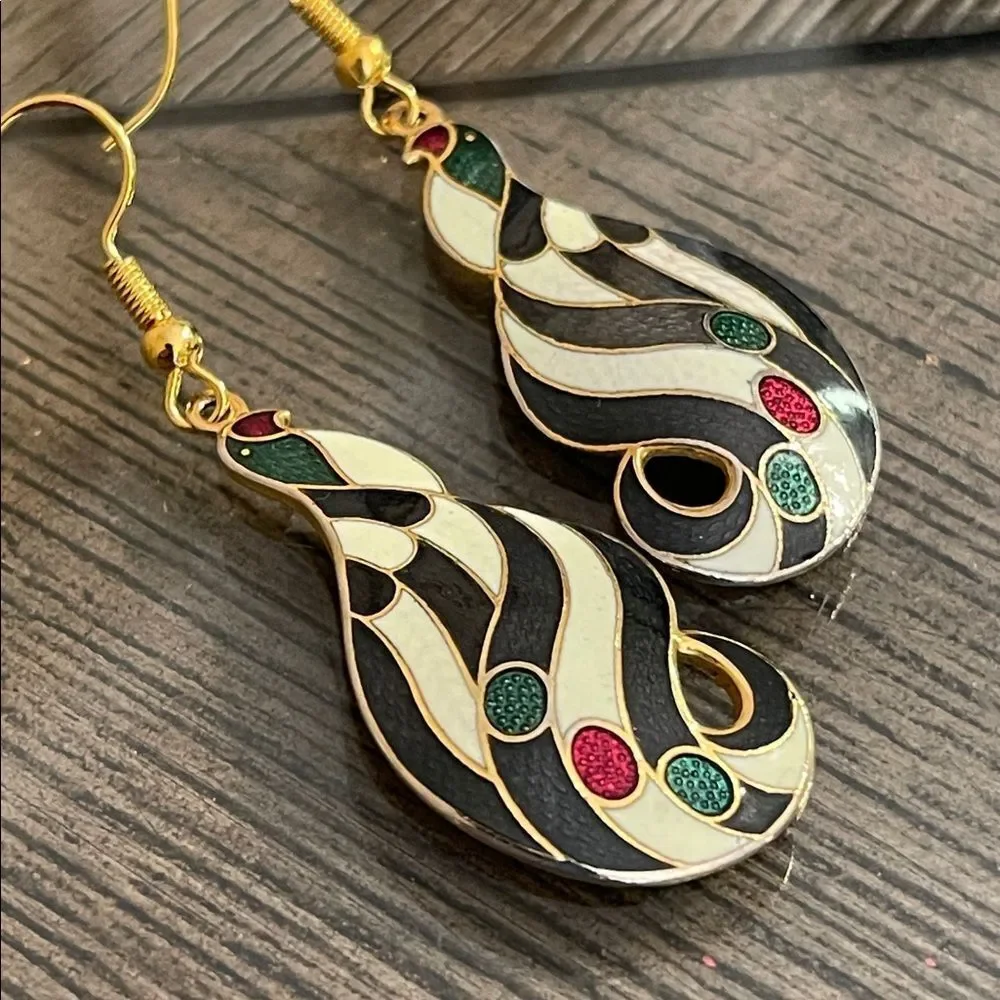 Vintage Cloisonné Black & White Striped Bird Earrings Multicolor Swirl Earrings